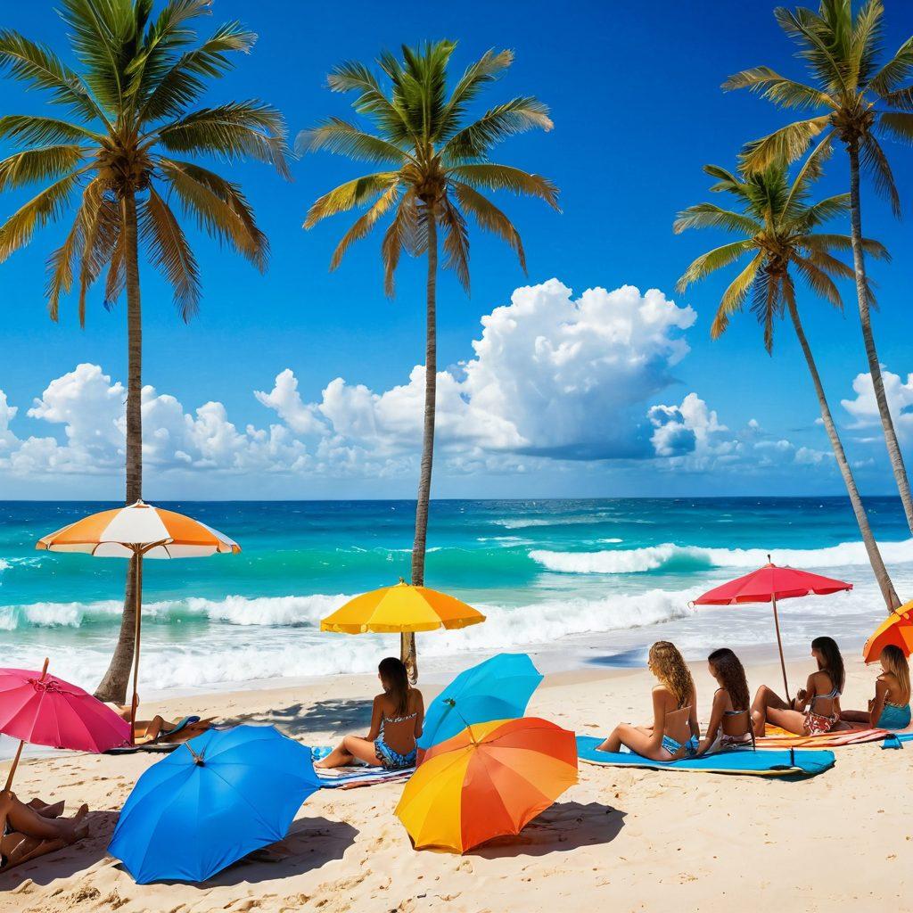 A stunning beach scene showcasing vibrant waves crashing against the shore, with a diverse group of stylish women in trendy bikinis of various colors and patterns enjoying the sun and surf. Include colorful beach umbrellas, surfboards leaning against palm trees, and a bright blue sky with fluffy clouds in the background. The atmosphere should feel lively and inviting, capturing the essence of summer fun. super-realistic. vibrant colors. white background.